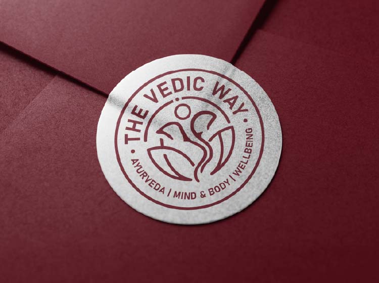 The Vedic Way minimalist logo branding mockup on premium textured surface
